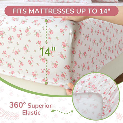 Queen Size 4 Piece Sheet Set, Soft Breathable Bed Sheet Set for Bedroom with Deep Pocket Up to 16", Wrinkle-Free & Cooling Bedding for Oeko-TEX Certified - Blossoms Pink