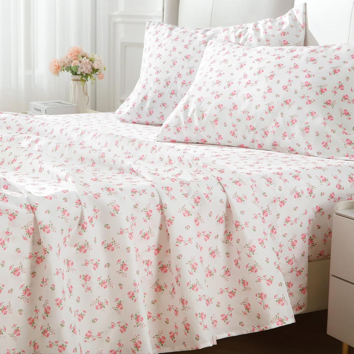 Queen Size 4 Piece Sheet Set, Soft Breathable Bed Sheet Set for Bedroom with Deep Pocket Up to 16", Wrinkle-Free & Cooling Bedding for Oeko-TEX Certified - Blossoms Pink