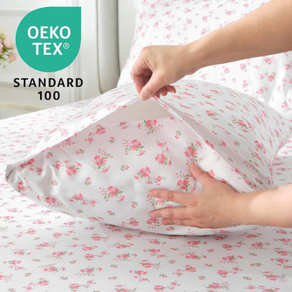 Queen Size 4 Piece Sheet Set, Soft Breathable Bed Sheet Set for Bedroom with Deep Pocket Up to 16", Wrinkle-Free & Cooling Bedding for Oeko-TEX Certified - Blossoms Pink