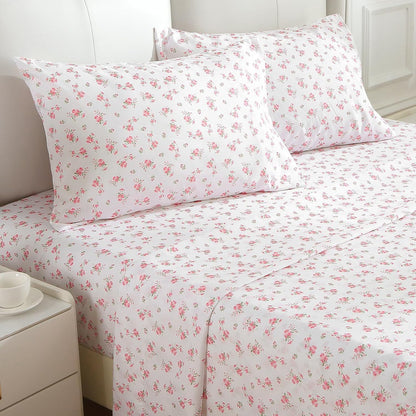 Queen Size 4 Piece Sheet Set, Soft Breathable Bed Sheet Set for Bedroom with Deep Pocket Up to 16", Wrinkle-Free & Cooling Bedding for Oeko-TEX Certified - Blossoms Pink