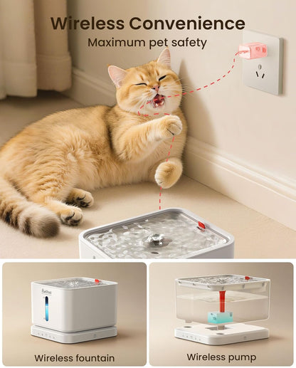 Cordless Cat Water Fountain, 3L/100oz Stainless Steel Tray, Cat Fountains for Drinking, Pet Water Fountains Indoor, Automatic Dog Water Bowl Dispenser, Rechargeable Battery Operated,White
