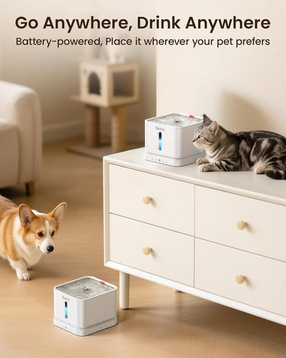 Cordless Cat Water Fountain, 3L/100oz Stainless Steel Tray, Cat Fountains for Drinking, Pet Water Fountains Indoor, Automatic Dog Water Bowl Dispenser, Rechargeable Battery Operated,White