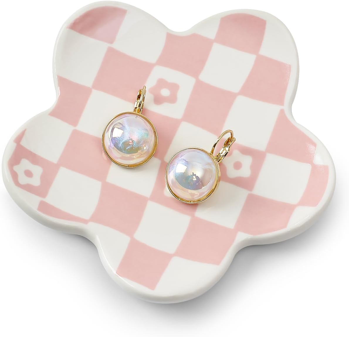 Pink Checkered Flower Ceramic Jewelry Tray, Vanity Trinket Dish