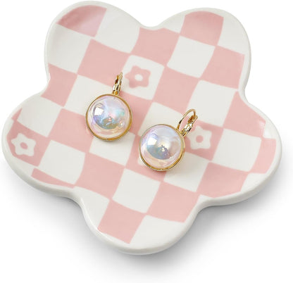 Pink Checkered Flower Ceramic Jewelry Tray, Vanity Trinket Dish