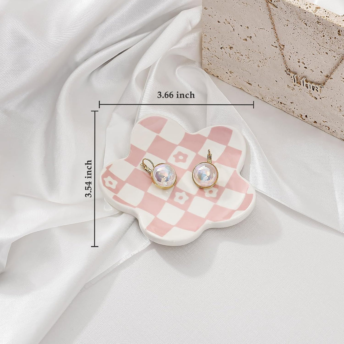 Pink Checkered Flower Ceramic Jewelry Tray, Vanity Trinket Dish