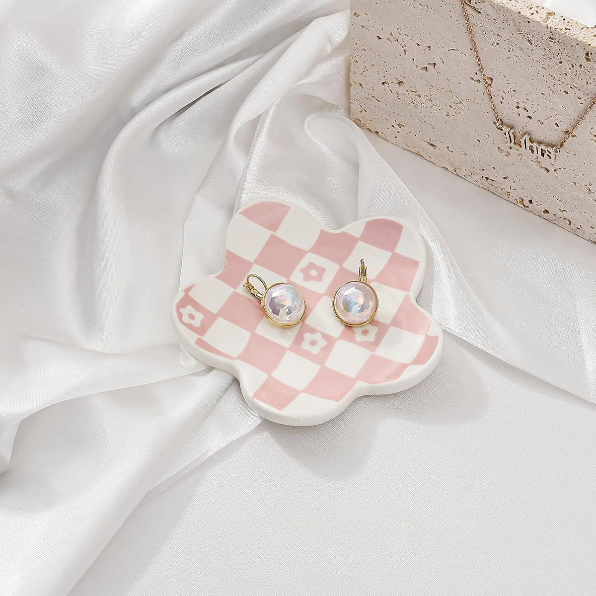 Pink Checkered Flower Ceramic Jewelry Tray, Vanity Trinket Dish