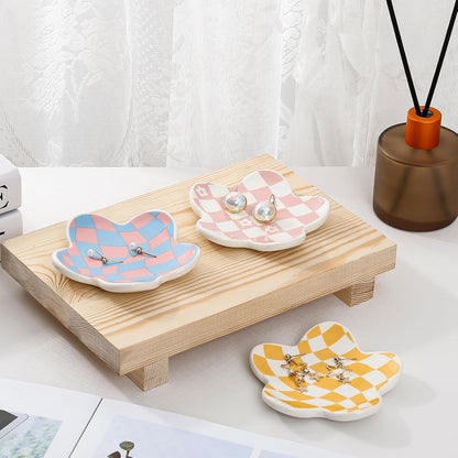 Pink Checkered Flower Ceramic Jewelry Tray, Vanity Trinket Dish
