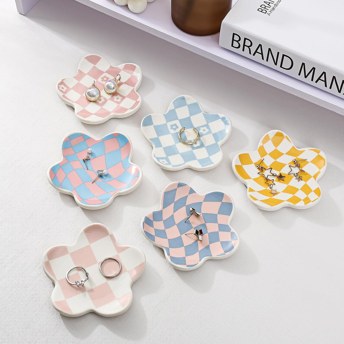 Pink Checkered Flower Ceramic Jewelry Tray, Vanity Trinket Dish