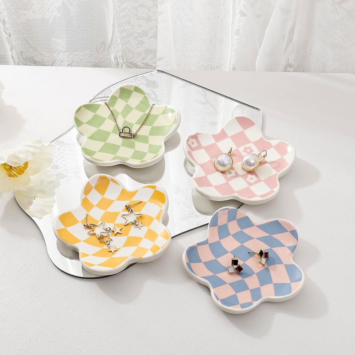 Pink Checkered Flower Ceramic Jewelry Tray, Vanity Trinket Dish
