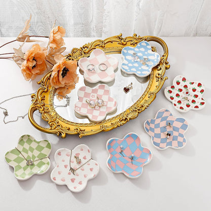 Pink Checkered Flower Ceramic Jewelry Tray, Vanity Trinket Dish