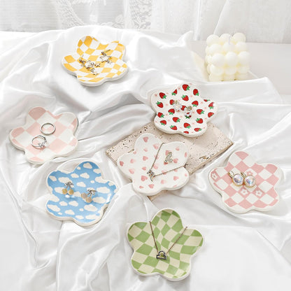 Pink Checkered Flower Ceramic Jewelry Tray, Vanity Trinket Dish