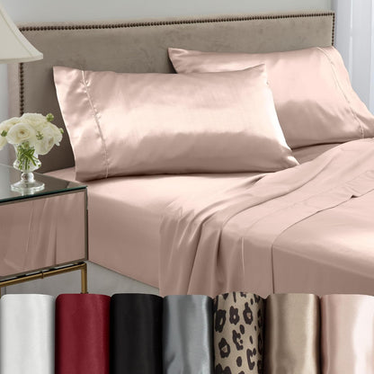 Elegance Seduction 1S47342 Satin Silky Deep Pocket Easy Care Machine Washable 1 Fitted Sheet 1 Flat Sheet and 2 Pillowcases Queen Size 4 Piece Sheet Set, Queen, Pink