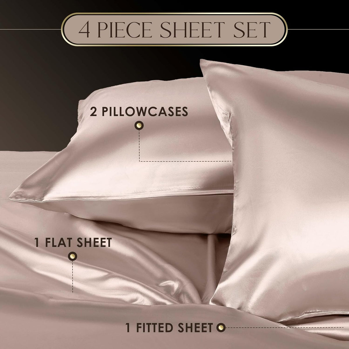 Elegance Seduction 1S47342 Satin Silky Deep Pocket Easy Care Machine Washable 1 Fitted Sheet 1 Flat Sheet and 2 Pillowcases Queen Size 4 Piece Sheet Set, Queen, Pink