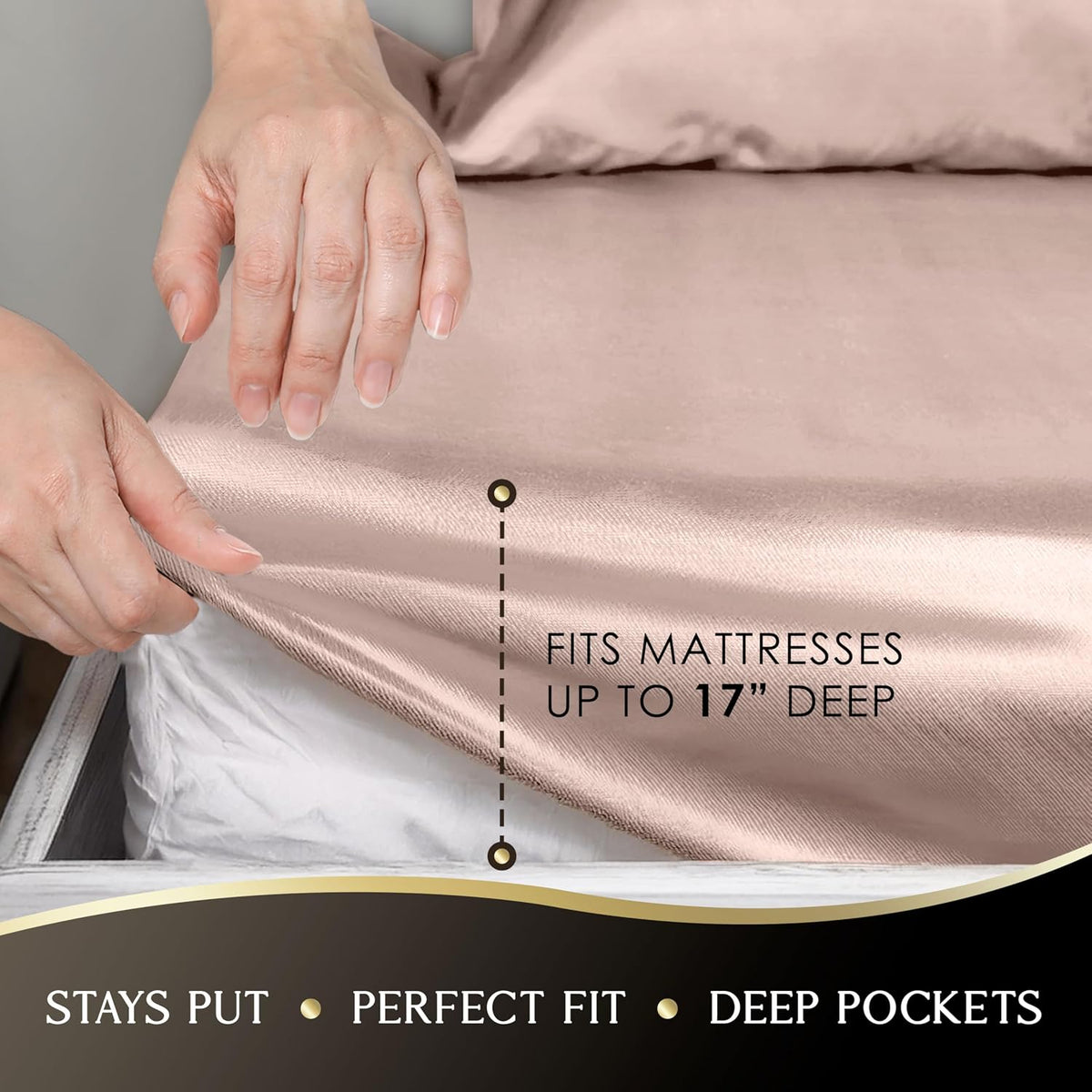 Elegance Seduction 1S47342 Satin Silky Deep Pocket Easy Care Machine Washable 1 Fitted Sheet 1 Flat Sheet and 2 Pillowcases Queen Size 4 Piece Sheet Set, Queen, Pink