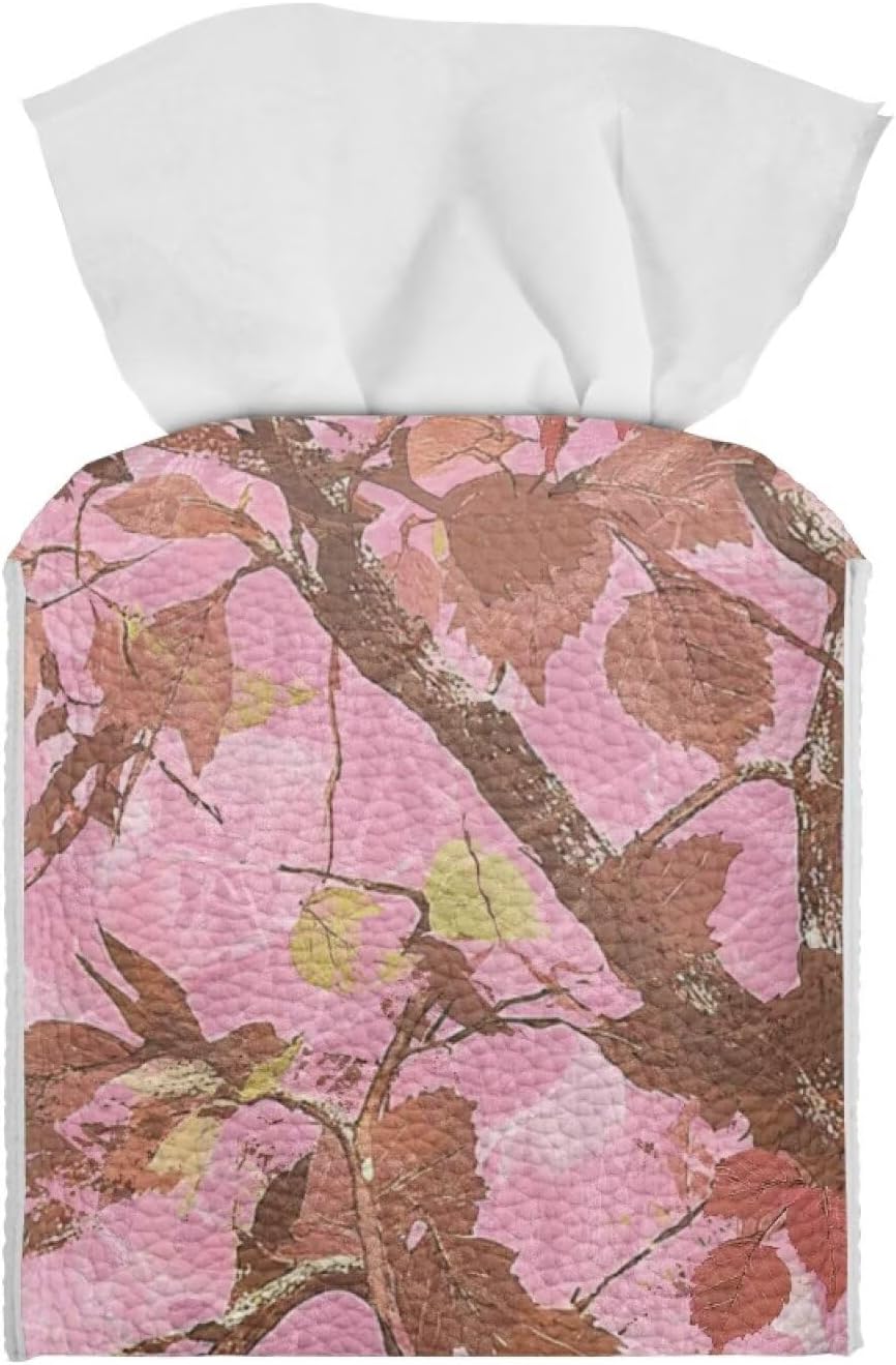 Pink Leaves Camo Tissue Box Cover Square Novelty Home Decorative Tissue Box Holder PU Leather Case Facial Paper Cube Napkin Organizer Dispenser with Bottom Belt
