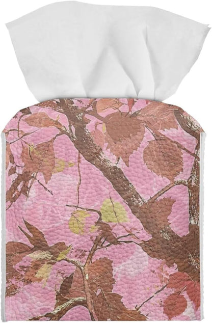 Pink Leaves Camo Tissue Box Cover Square Novelty Home Decorative Tissue Box Holder PU Leather Case Facial Paper Cube Napkin Organizer Dispenser with Bottom Belt
