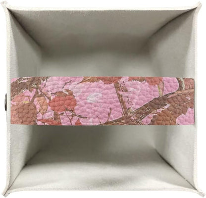 Pink Leaves Camo Tissue Box Cover Square Novelty Home Decorative Tissue Box Holder PU Leather Case Facial Paper Cube Napkin Organizer Dispenser with Bottom Belt