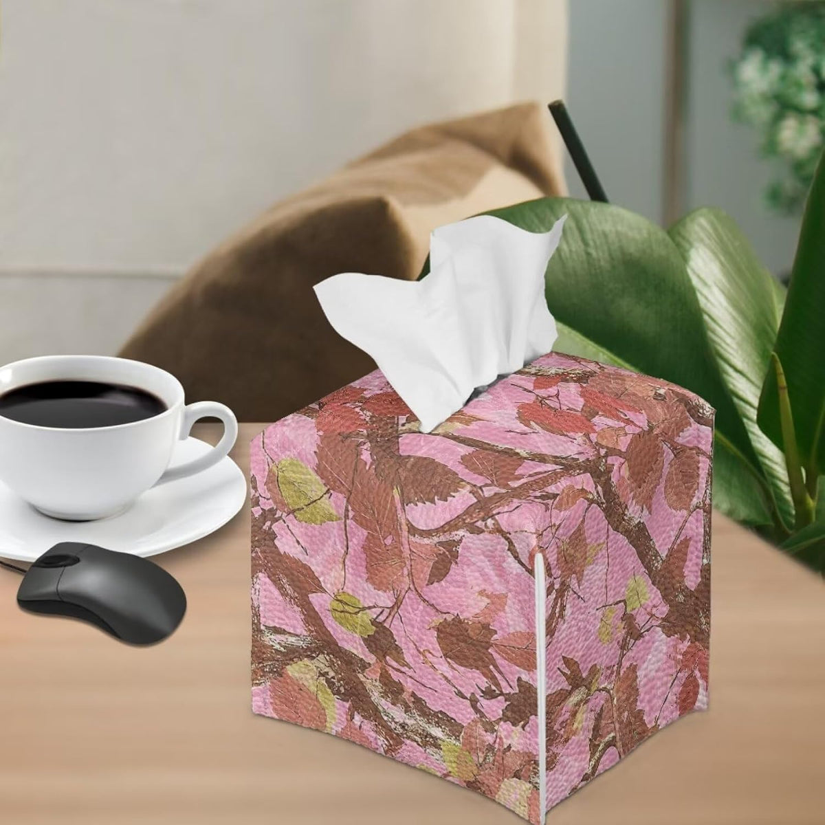 Pink Leaves Camo Tissue Box Cover Square Novelty Home Decorative Tissue Box Holder PU Leather Case Facial Paper Cube Napkin Organizer Dispenser with Bottom Belt
