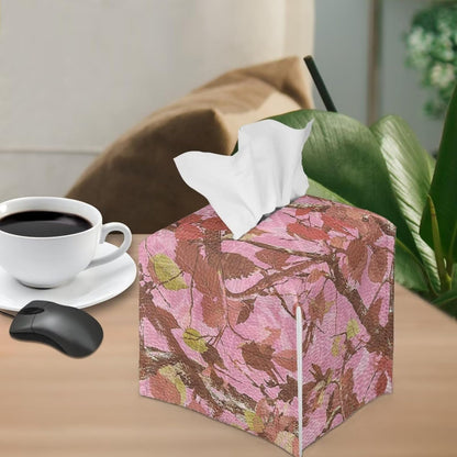 Pink Leaves Camo Tissue Box Cover Square Novelty Home Decorative Tissue Box Holder PU Leather Case Facial Paper Cube Napkin Organizer Dispenser with Bottom Belt