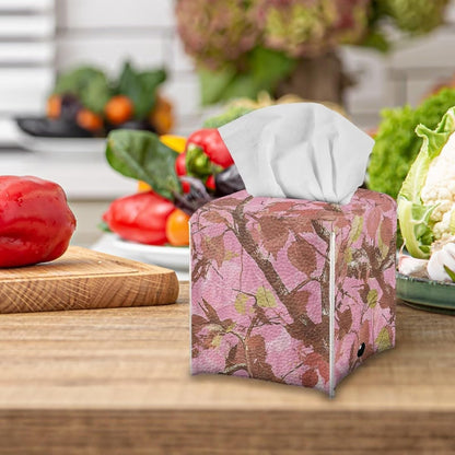 Pink Leaves Camo Tissue Box Cover Square Novelty Home Decorative Tissue Box Holder PU Leather Case Facial Paper Cube Napkin Organizer Dispenser with Bottom Belt