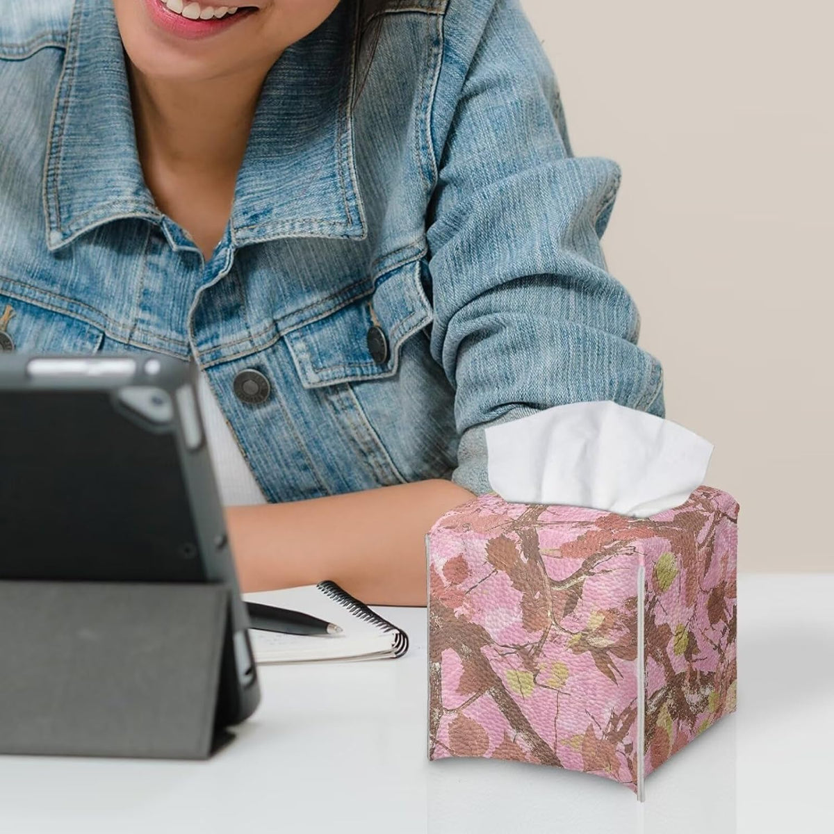 Pink Leaves Camo Tissue Box Cover Square Novelty Home Decorative Tissue Box Holder PU Leather Case Facial Paper Cube Napkin Organizer Dispenser with Bottom Belt