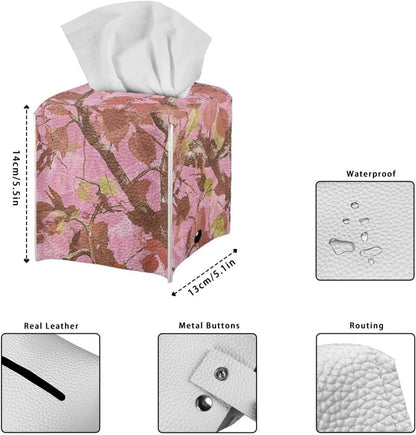 Pink Leaves Camo Tissue Box Cover Square Novelty Home Decorative Tissue Box Holder PU Leather Case Facial Paper Cube Napkin Organizer Dispenser with Bottom Belt