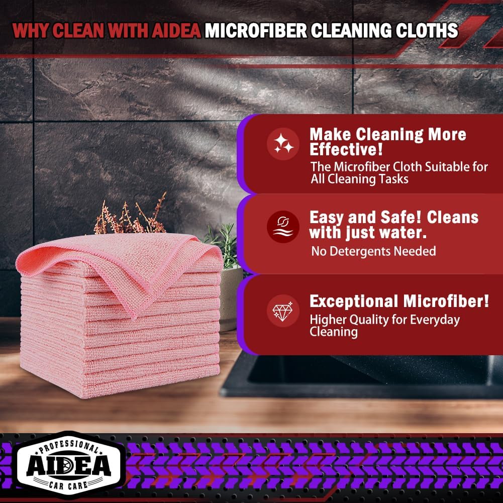 AIDEA Microfiber Cleaning Cloth Pink 10PK, Microfiber Towels 12×12"