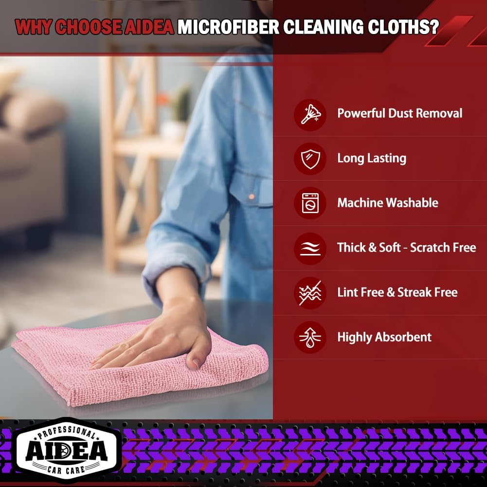 AIDEA Microfiber Cleaning Cloth Pink 10PK, Microfiber Towels 12×12"