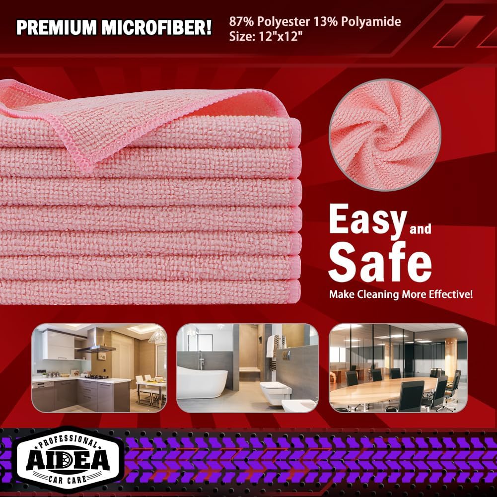 AIDEA Microfiber Cleaning Cloth Pink 10PK, Microfiber Towels 12×12"
