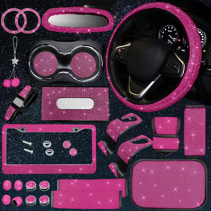 25PCS Bling Car Accessories Set,15 Inch Steering Wheel Cover,Shiny License Plate Frame,Center Console Cover and Rearview Mirror Set and Other Car Accessories(Rose Pink)