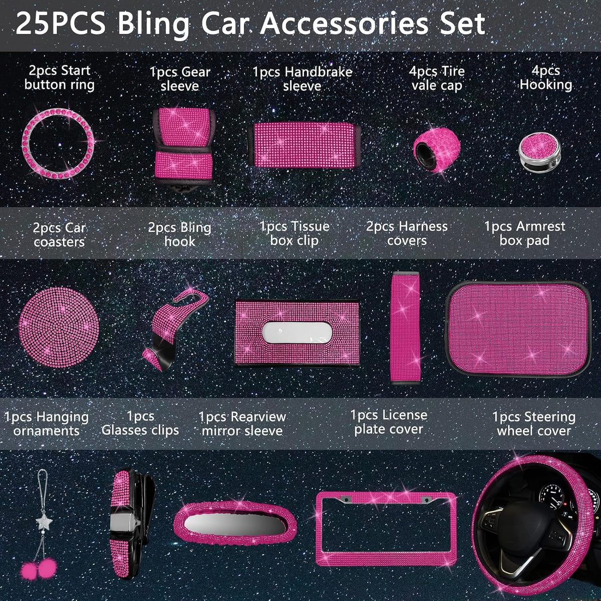25PCS Bling Car Accessories Set,15 Inch Steering Wheel Cover,Shiny License Plate Frame,Center Console Cover and Rearview Mirror Set and Other Car Accessories(Rose Pink)