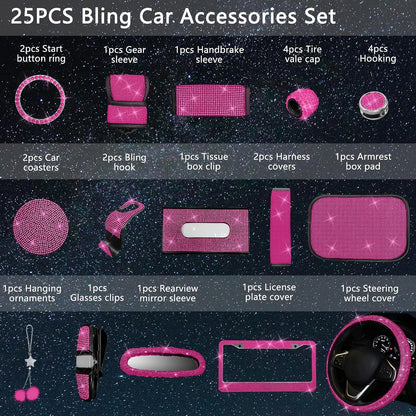25PCS Bling Car Accessories Set,15 Inch Steering Wheel Cover,Shiny License Plate Frame,Center Console Cover and Rearview Mirror Set and Other Car Accessories(Rose Pink)