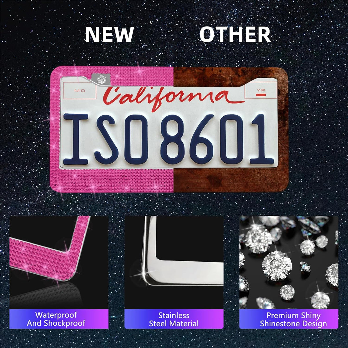 25PCS Bling Car Accessories Set,15 Inch Steering Wheel Cover,Shiny License Plate Frame,Center Console Cover and Rearview Mirror Set and Other Car Accessories(Rose Pink)