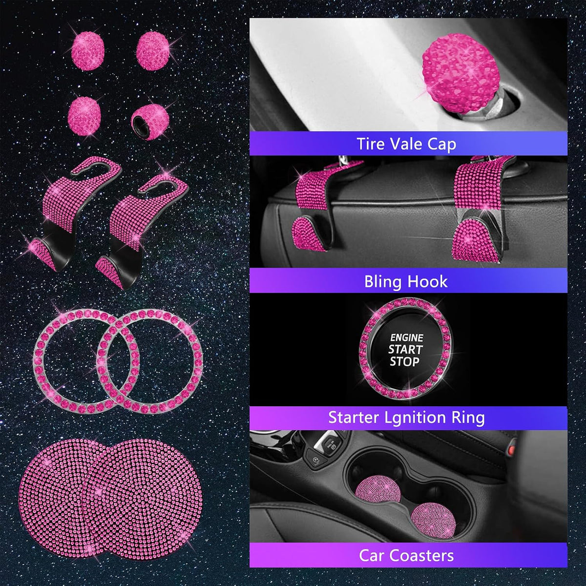 25PCS Bling Car Accessories Set,15 Inch Steering Wheel Cover,Shiny License Plate Frame,Center Console Cover and Rearview Mirror Set and Other Car Accessories(Rose Pink)