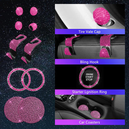 25PCS Bling Car Accessories Set,15 Inch Steering Wheel Cover,Shiny License Plate Frame,Center Console Cover and Rearview Mirror Set and Other Car Accessories(Rose Pink)