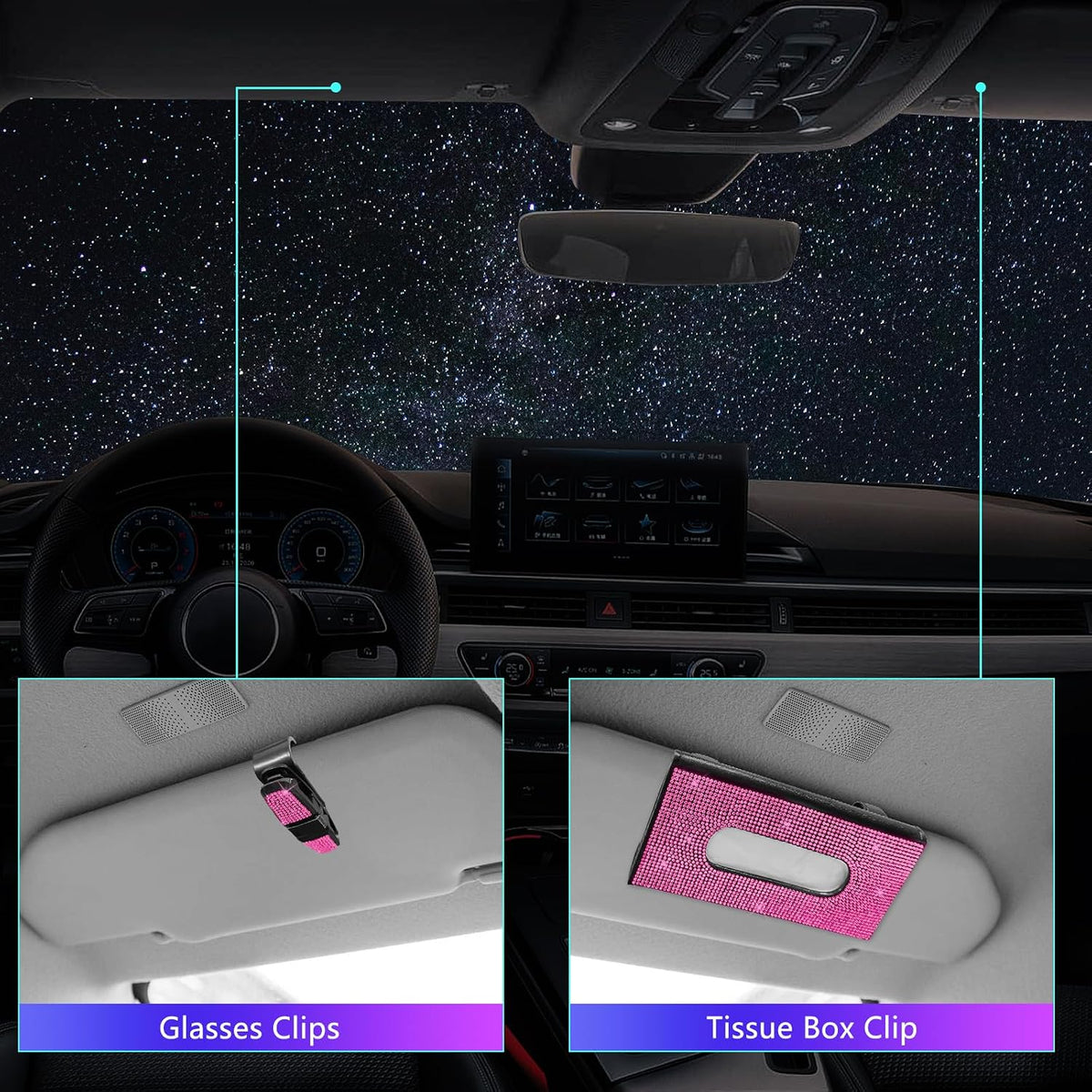 25PCS Bling Car Accessories Set,15 Inch Steering Wheel Cover,Shiny License Plate Frame,Center Console Cover and Rearview Mirror Set and Other Car Accessories(Rose Pink)