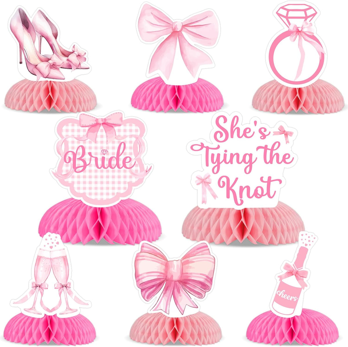 8Pcs Pink Bow She’s Tying the Knot Honeycomb Centerpieces for Bridal Shower Decor, Princess Bows Centerpieces Table Topper for Bachelorette Wedding Engagement Party Decorations