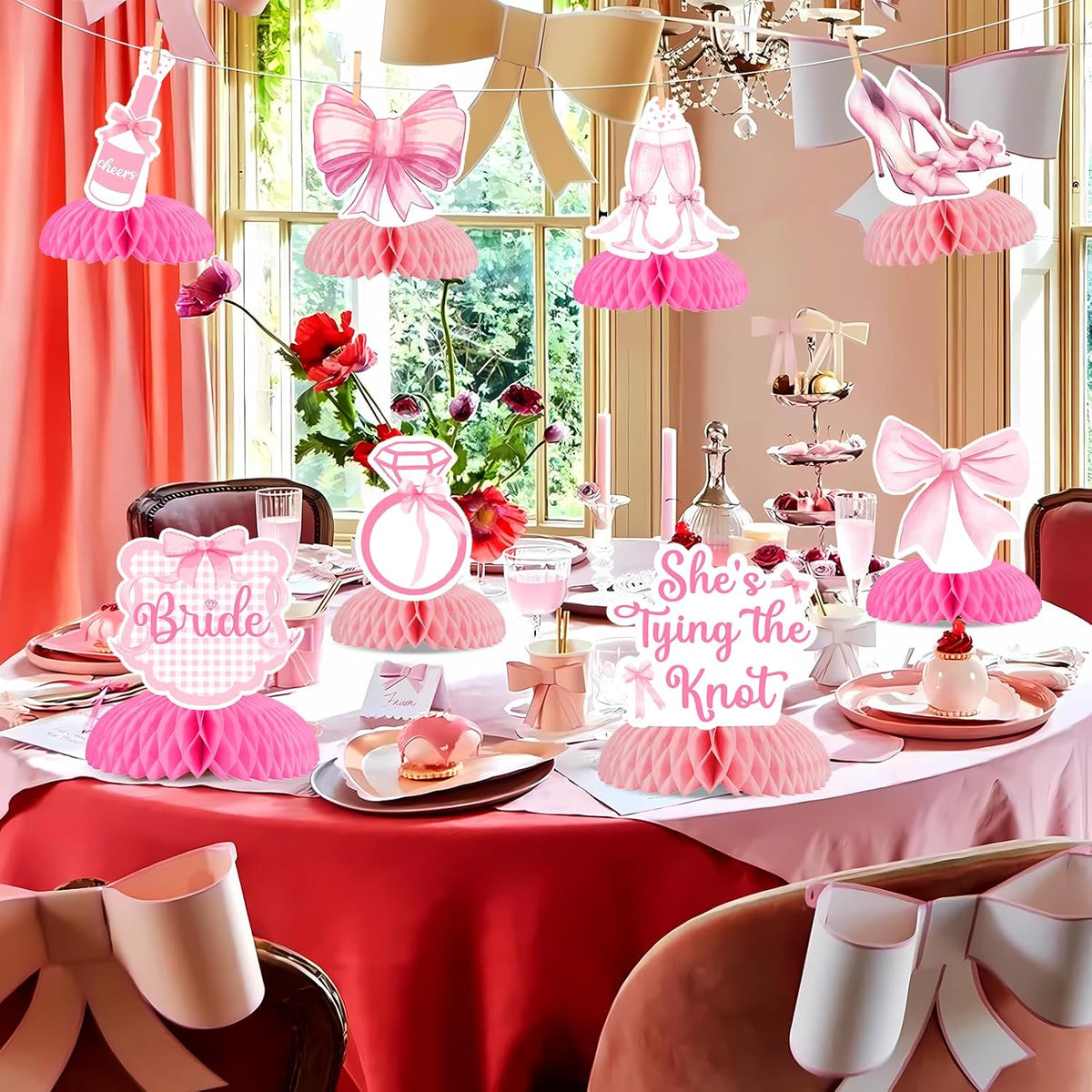 8Pcs Pink Bow She’s Tying the Knot Honeycomb Centerpieces for Bridal Shower Decor, Princess Bows Centerpieces Table Topper for Bachelorette Wedding Engagement Party Decorations