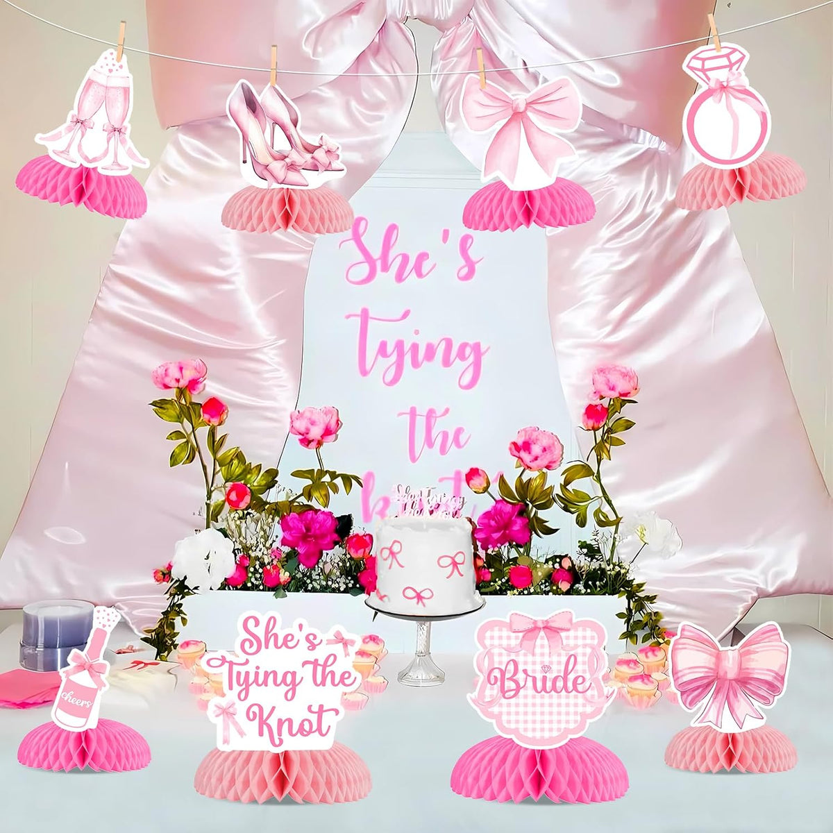 8Pcs Pink Bow She’s Tying the Knot Honeycomb Centerpieces for Bridal Shower Decor, Princess Bows Centerpieces Table Topper for Bachelorette Wedding Engagement Party Decorations