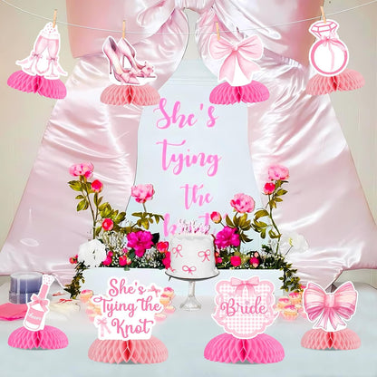8Pcs Pink Bow She’s Tying the Knot Honeycomb Centerpieces for Bridal Shower Decor, Princess Bows Centerpieces Table Topper for Bachelorette Wedding Engagement Party Decorations