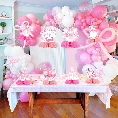 8Pcs Pink Bow She’s Tying the Knot Honeycomb Centerpieces for Bridal Shower Decor, Princess Bows Centerpieces Table Topper for Bachelorette Wedding Engagement Party Decorations