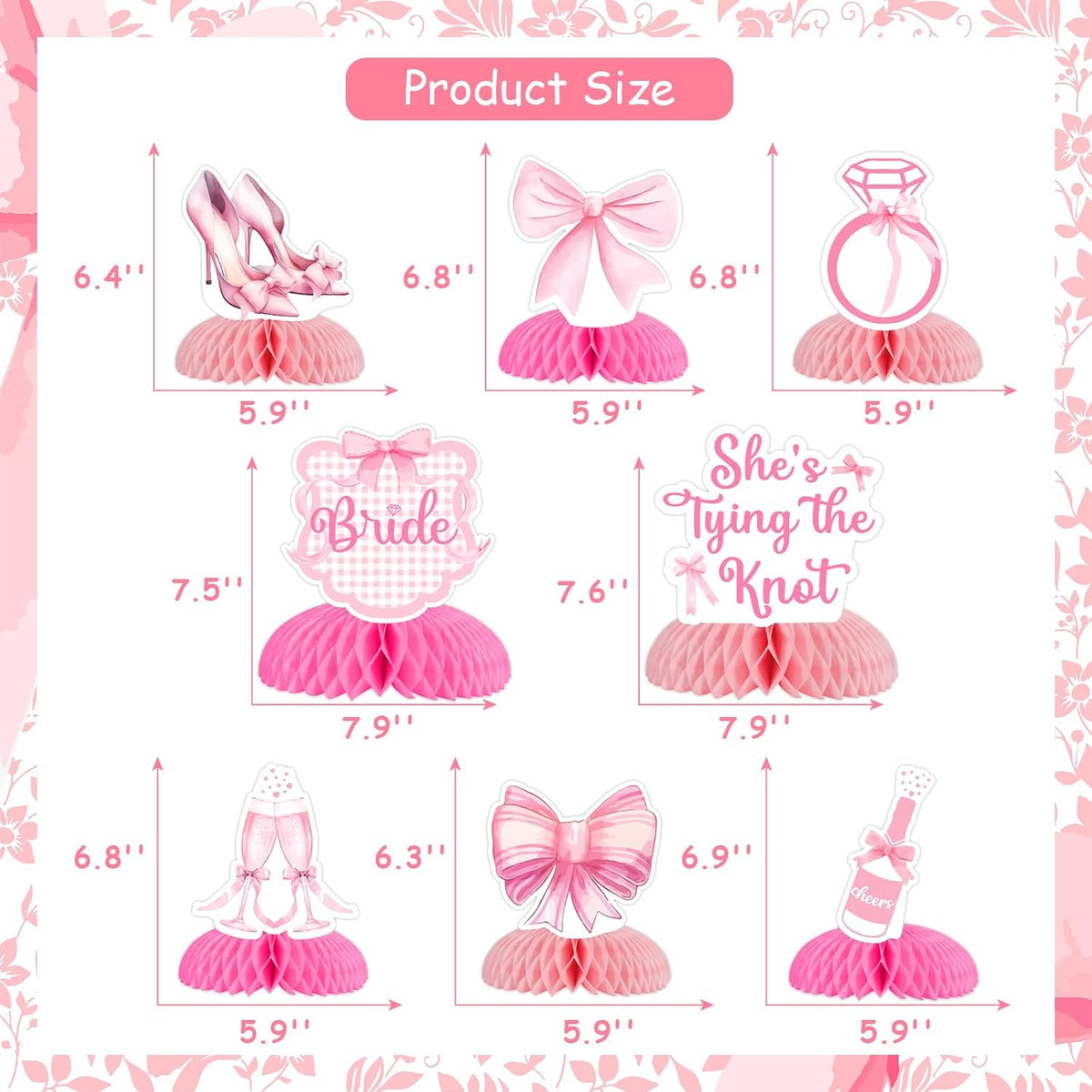 8Pcs Pink Bow She’s Tying the Knot Honeycomb Centerpieces for Bridal Shower Decor, Princess Bows Centerpieces Table Topper for Bachelorette Wedding Engagement Party Decorations