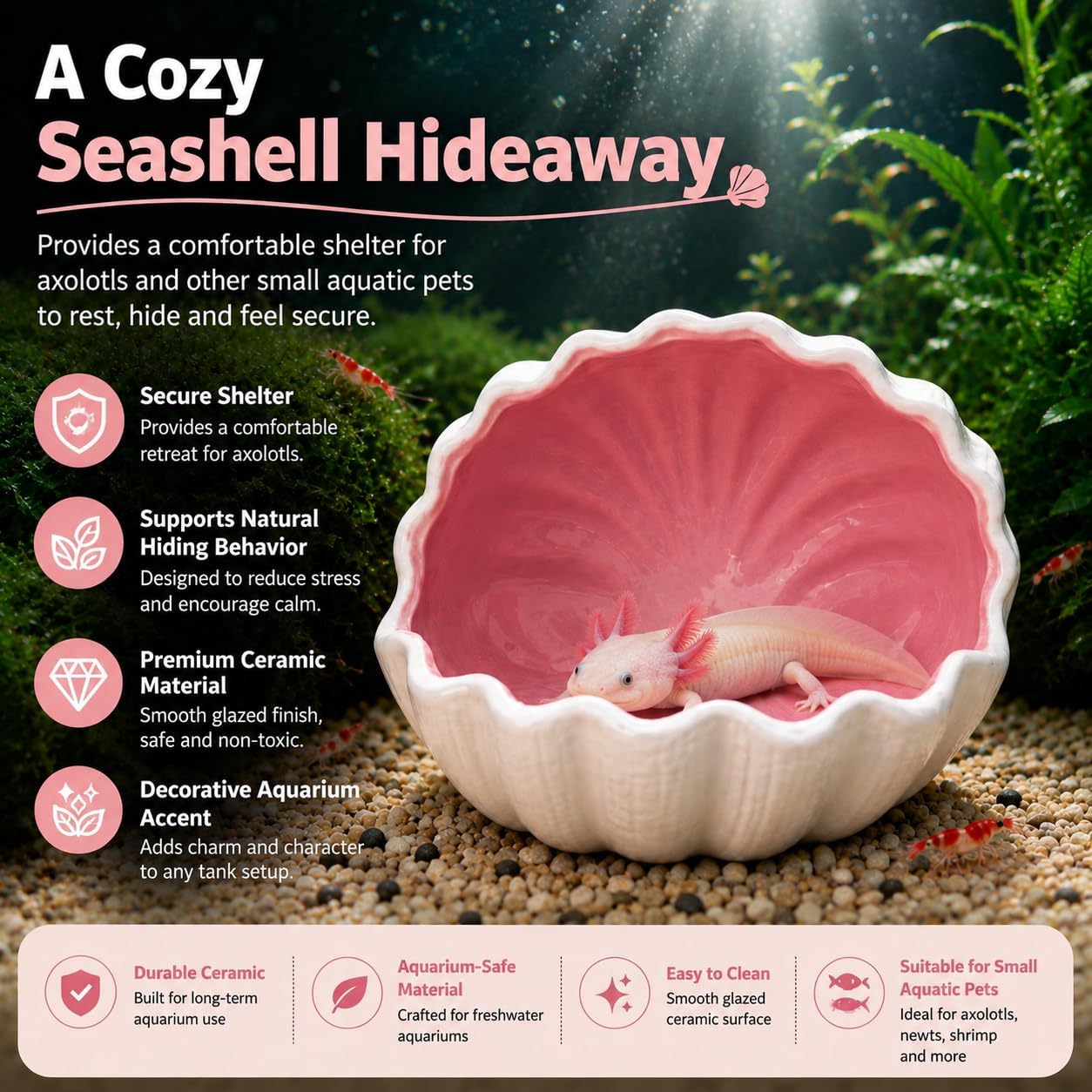Ceramic Axolotl Hide Cave Hideout Tank Accessories Aquarium Decor for Pets | Hollow shaded resting spot、Weighted base, stays put、Fade-resistant glaze finish