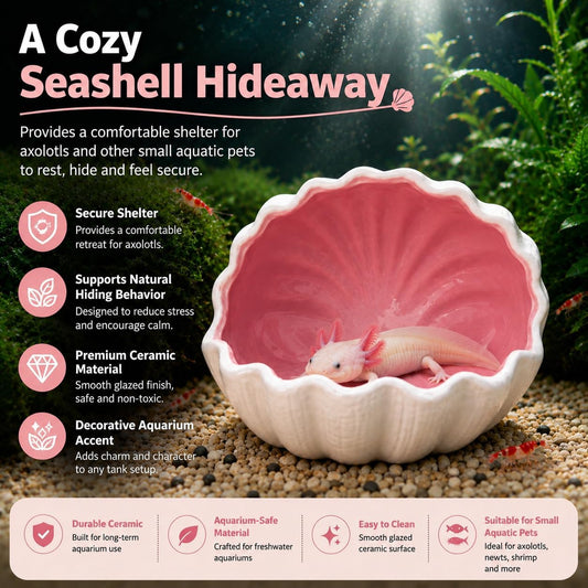 Ceramic Axolotl Hide Cave Hideout Tank Accessories Aquarium Decor for Pets | Hollow shaded resting spot、Weighted base, stays put、Fade-resistant glaze finish