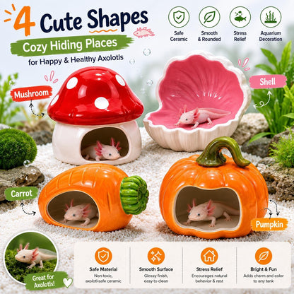 Ceramic Axolotl Hide Cave Hideout Tank Accessories Aquarium Decor for Pets | Hollow shaded resting spot、Weighted base, stays put、Fade-resistant glaze finish