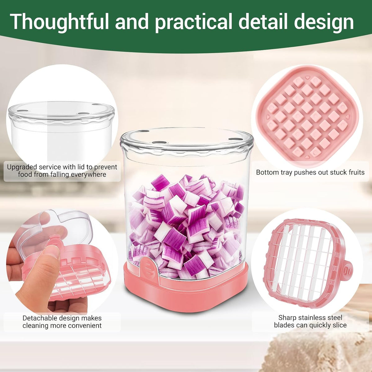 Veggie Chopper,Mini Vegetable Cutter Fruit Slicer Cup-Food Dicer with Container for Onion, Strawberry Slicer-Efficient Vegetable Chopper(Pink)