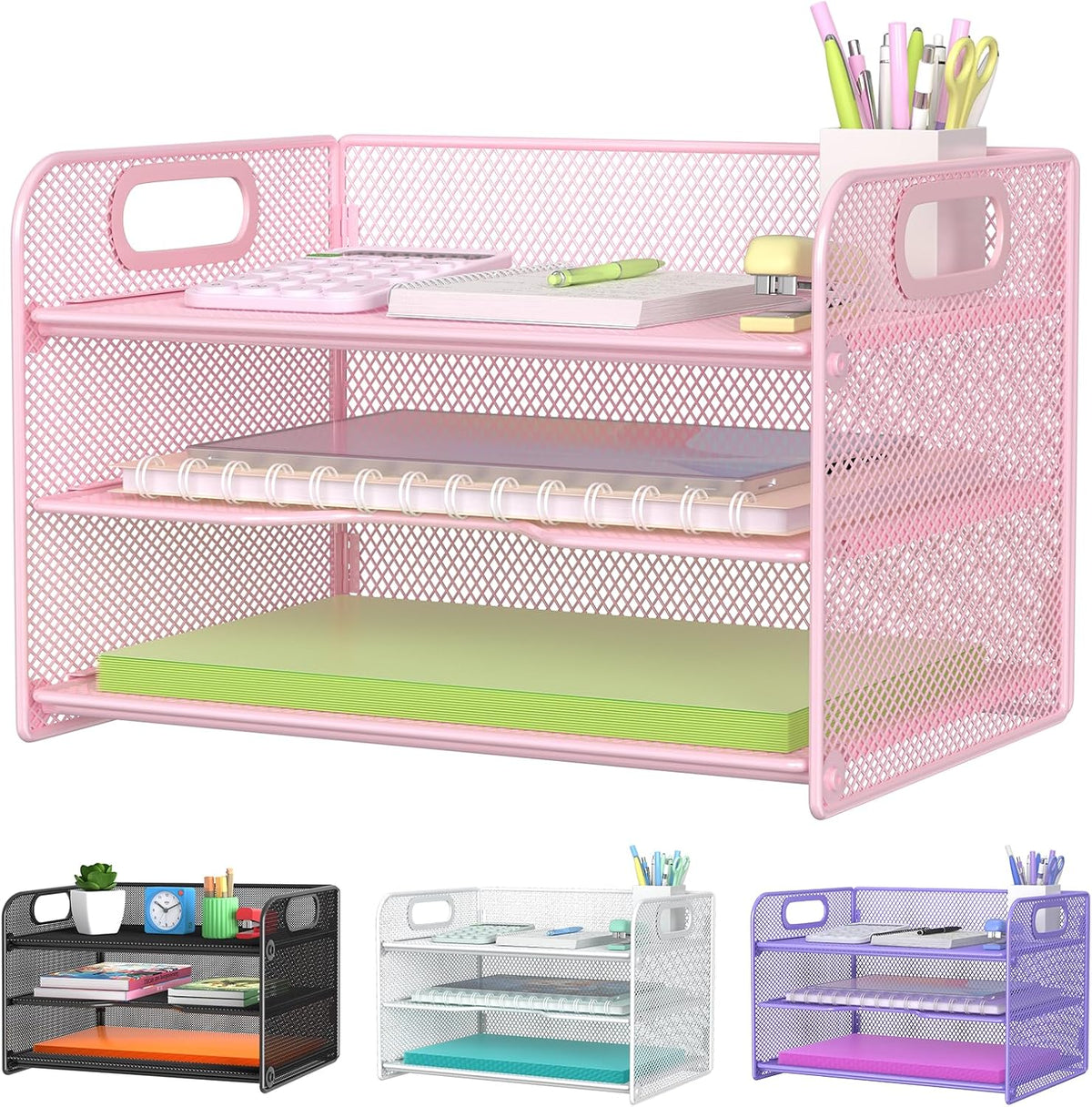 3 Tier Pink Letter Tray Paper Organizer with Handle, Mesh Desk Organizer Paper Sorter File Rack Shelves, Pink