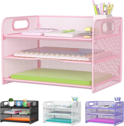 3 Tier Pink Letter Tray Paper Organizer with Handle, Mesh Desk Organizer Paper Sorter File Rack Shelves, Pink