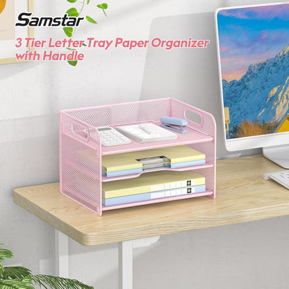 3 Tier Pink Letter Tray Paper Organizer with Handle, Mesh Desk Organizer Paper Sorter File Rack Shelves, Pink