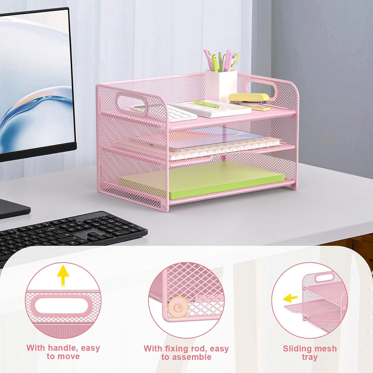 3 Tier Pink Letter Tray Paper Organizer with Handle, Mesh Desk Organizer Paper Sorter File Rack Shelves, Pink
